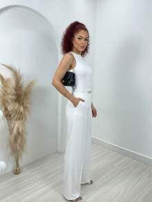 Women's Tailored Wide-Leg Trousers With High Waist, Belt, And Front Crease Detail – Elegant Business Casual Style. - 白色 - 查看 3