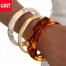 GNIT 爆款复古手链套装 Y2K美学手饰 女士热销可叠戴手链套装 琥珀大理石黄金三件套奢华首饰 - 扭透咖+金細圓+米中圓 - 查看 1