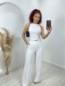 Women's Tailored Wide-Leg Trousers With High Waist, Belt, And Front Crease Detail – Elegant Business Casual Style. - 白色 - 查看 1