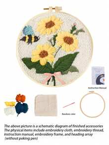 DIY蝴蝶、蜜蜂、向日葵刺绣戳针套装，十字绣套装，魔术针刺绣套装，包含绣线、印章和连接工具 - 米色 - 查看 11