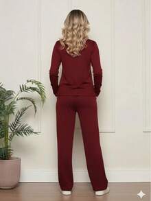 Lantern Sleeve Set, Shirt & Slanted Pocket, Women's Pants, Wool Fabric. - Burgundy - View 2