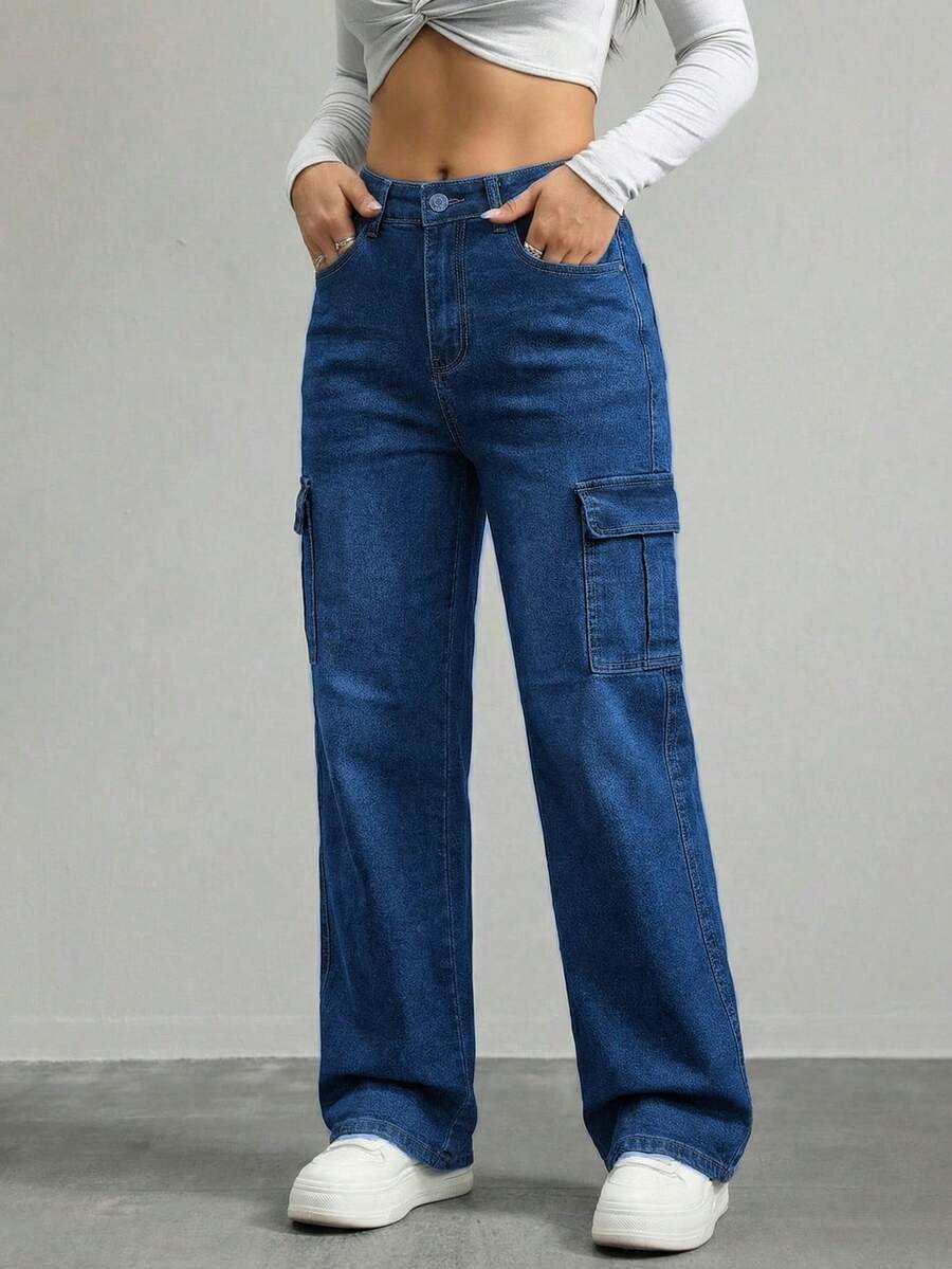 Wide-Leg Denim Pants With A Flattering High Waist And Functional Cargo-Style Side Pockets - Blue H2KB13 - View 1