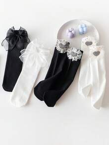 1 Pair Kids Socks With 3D Mesh Bow, Black & White Color Options, Breathable & Skin-Friendly, Suitable For 3-12Y Girls, Sweet Style For Daily Wear, Dresses, JK Uniforms, Dates, Casual Outings - Black and White - View 3