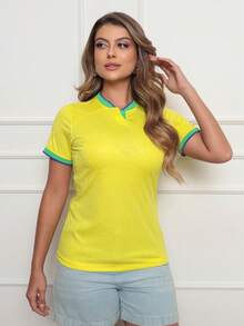 Aletheia - Women's Polyester Short-Sleeve Blouse, Brazil Women's Shirt, Games Fan Shirt, Comfortable, Casual, Sportswear, World Cup - Màu vàng - Xem 2