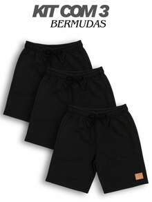 Set Of 3 Boys' Cotton Fleece Shorts With 2 Large Pockets - Black/black/black - View 2
