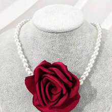1pc Women's Elegant Faux Pearl Fabric Flower Beaded Necklace, Suitable For Party Wear - Grey - View 8