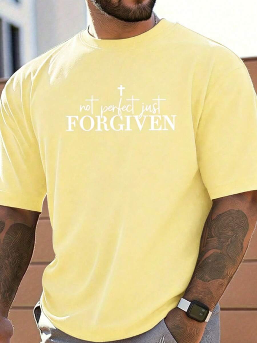 Men's T-Shirt - Black Religious Graphic Tee With "Not Perfect Just FORGIVEN" Cross Print - Heavyweight 100% Cotton Shirt For Gym, Church, Casual Attire - Loose Fit Breathable Casual Top - Machine Washable Christian Apparel, Gym Clothing, Statement Design, Comfortable Material, Short Sleeve Shirt, Faithbased Fashion2025 - 黃色 - 查看 1