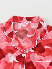 爱心印花女士短袖长裤睡衣套装 - 紅色 - 查看 2