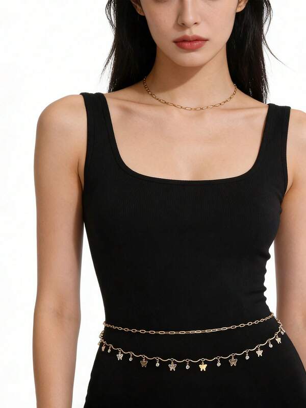 1Pc Delicate Gold Butterfly & Rhinestone Layered Belly Chain, Adjustable Body Jewelry For Dresses, Beach Trips, Festival Looks, And Daily Wear