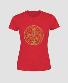 Camiseta Feminina Medalha De São Bento Religiosa Baby Look Cristã Fé Católica A Cruz Sagrada Escudo Proteção Divina - Vermelho - View 3