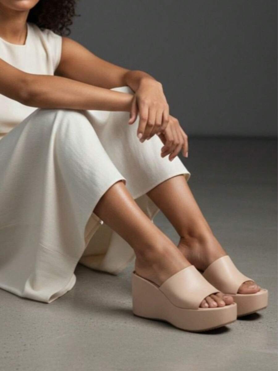 Fashionable Versatile Casual Solid Color Platform Wedge Slippers - Beige - View 1