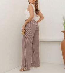 Wide Leg Striped Palazzo Pants With Elastic Waistband And Pockets. - Mocha Brown - View 2
