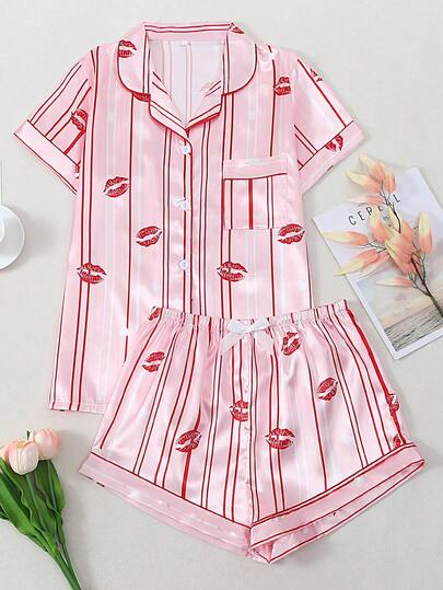 Striped Red Lip Print Women's Satin Short Sleeve Shorts Pajama Set