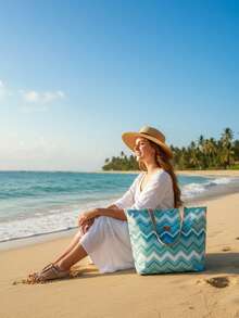 Large Elegant Chic Women's Beach Bag With Waterproof Zipper - Màu xanh Bạc hà - Xem 5