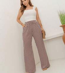 Wide Leg Striped Palazzo Pants With Elastic Waistband And Pockets. - Mocha Brown - View 3