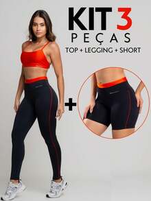 Kit 3 Peças Fitness Conjunto Legging com detalhe em Vivo, Short e Top Frente Única - Laranja - Visão 1