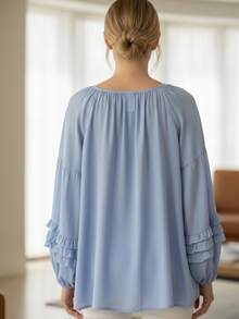 Women's Blouse / Cotton / With Ruffle Front / With Ruffle Details On Sleeves / Super Comfortable / Pleated Knot / Vacation Home - Baby Blue - View 2