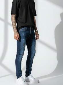 Men's Long, Washed Jeans With Paint Splatter Details And Cutouts. Medium Stretch Fabric. Button And Zipper Closure. Pockets. - JGD-10 - 查看 5