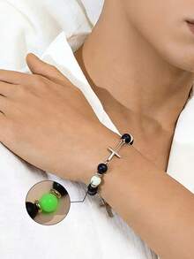 1条极简复古合金十字夜光珠黑色哑光串珠手链，男女皆宜 - 十字架串珠手鍊 - 查看 1