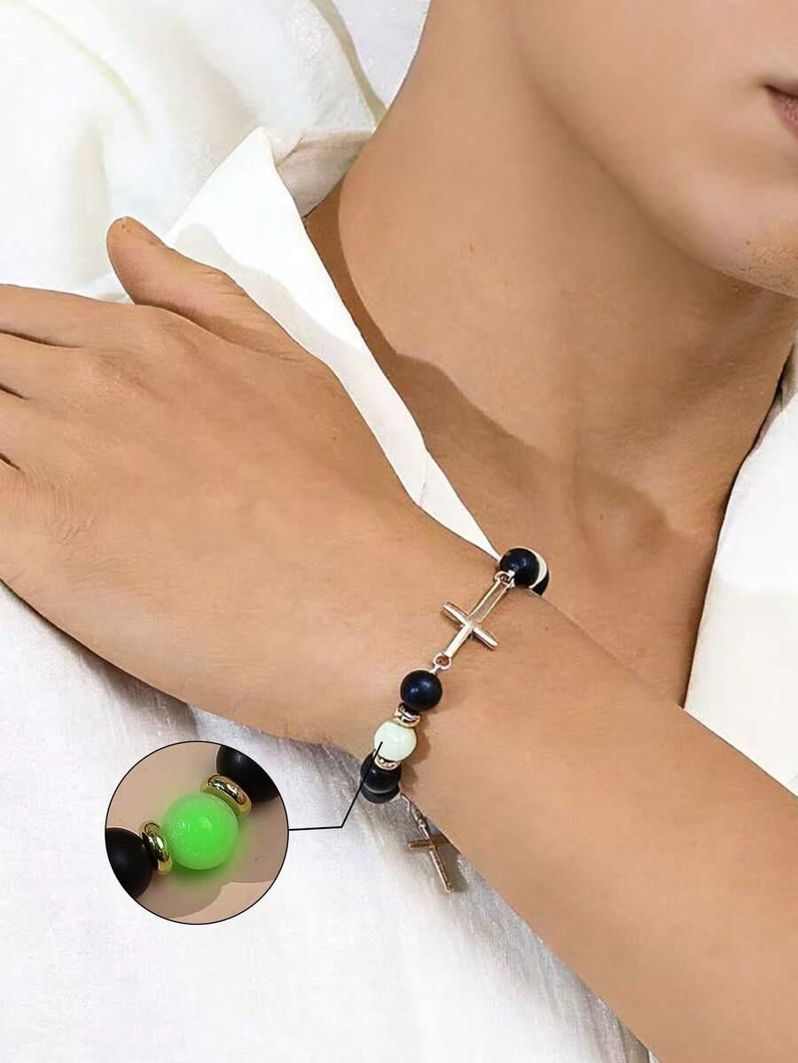 1条极简复古合金十字夜光珠黑色哑光串珠手链，男女皆宜 - 十字架串珠手鍊 - 查看 1