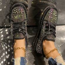 闪亮优雅女士厚底运动鞋，时尚百搭系带鞋 - 黑色 - 查看 5