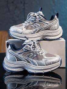 1双春季新款透气网面儿童运动鞋，女童轻便休闲厚底运动鞋，男童防滑跑步运动鞋 - 灰色 - 查看 3