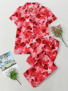 爱心印花女士短袖长裤睡衣套装 - 紅色 - 查看 1