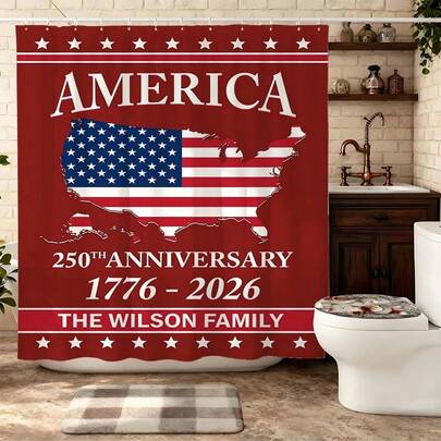 "Wilson Family USA 250th Anniversary Map Shower Curtain, Custom Name With American Flag Map 1776-2026 Text Waterproof Polyester Shower Curtain Set With Hooks, Personalized Patriotic Home Bathroom Decoration For Holiday Celebration"