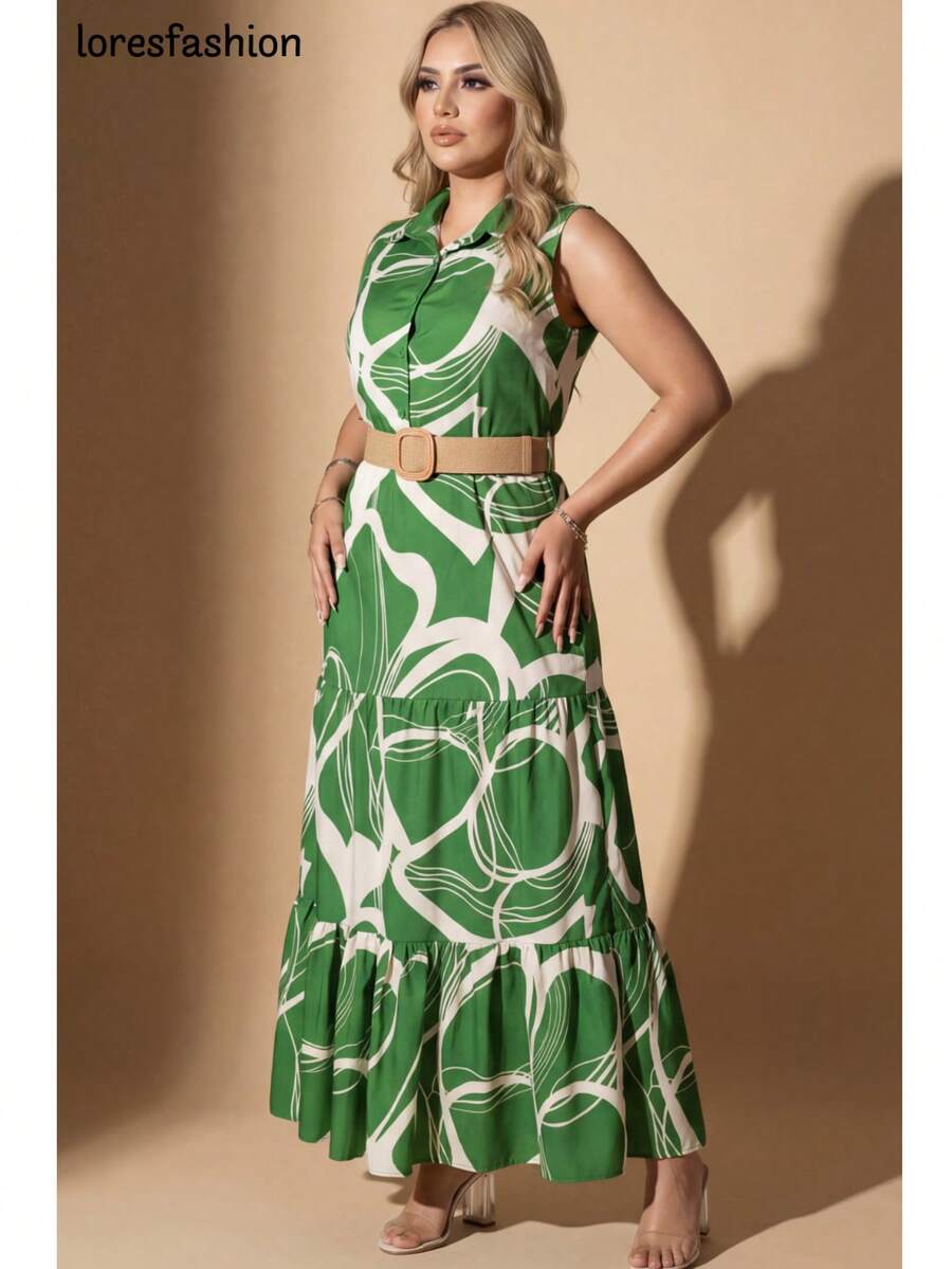 Maxi Vestido para  Mujer de Verano con Estampado Abstracto y Floral en Tonos Verde Oliva y Blanco, Diseño Sin Mangas con Cuello Camisero, Vestido Ligero y Fluido con Cinturón Ajustable que Define la Cintura y Realza la Silueta, Botonadura Frontal Decorativa que Aporta Elegancia y Funcionalidad, Corte de Cintura Alta que Alarga las Piernas y Estiliza la Figura, Falda Midi con Movimiento Suave y Detalle Estampado Romántico en el Dobladillo, Prenda Fresca y Transpirable Ideal para Primavera y Verano, Perfecta para Oficina, Trabajo, Citas, Fiesta, Invitada de Boda, Vacaciones, Playa o Salidas Casuales, Vestido Versátil que Combina con Tacones, Sandalias o Alpargatas para un Look Chic y Sofisticado, Estilo Femenino Moderno y Atemporal para Mujeres de 20 a 45 Años que Buscan Moda, Romanticismo y Elegancia en una Sola Prenda