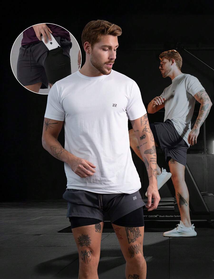 Shorts de Compressão 2 em 1 Masculino com bolso para celular E Cordão de Ajuste academia treino corrida