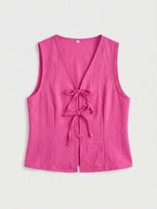 conjunto mujer dos piezas rosa fucsia topo sin mangas con lazo frontales y pantalón holgado con textura fresca - Rosa Fucsia - Ver 2