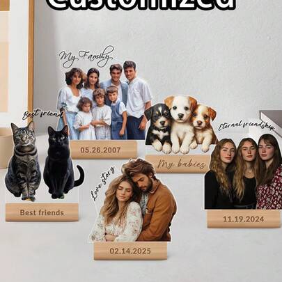 Quà kỷ niệm cho cặp đôi, Tấm bảng ảnh acrylic tùy chỉnh với đế gỗ, in ảnh gia đình, dùng để trưng bày ảnh kỷ niệm ngày cưới.