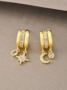 1 Pair Gold Earrings, Fashionable Elegant Minimalist Luxury High-End Gold Copper Inlaid Cubic Zirconia Pendant Earrings, Suitable For Women's Daily Wear - Gold - View 3