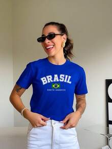 Women's T-Shirt With Brazil World Cup Print, Cotton Blouse, Round Neck - Royal Blue - View 2