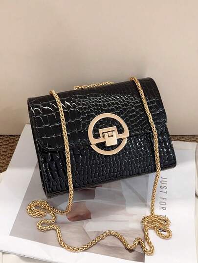 Women's Gift Crocodile Embossed Gold Shoulder Bag, New Chain Crossbody Bag For Ladies, Fashionable Solid Color Mirror Shoulder Bag Clutch, Elegant Flap Square Bag Suitable For Party Girls, College Students, Brides, Matching Party Dresses, Wedding Gowns, Cocktail Dresses, Perfect For Weddings, Gatherings, Banquets, Parties, Balls, An Excellent Gift For Women, Also A Great Choice For New Year