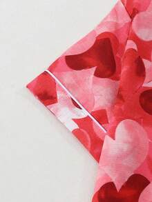 爱心印花女士短袖长裤睡衣套装 - 紅色 - 查看 3