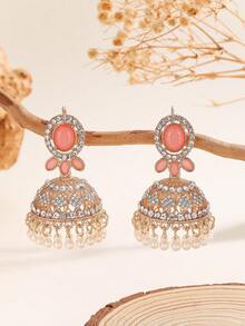 1 Pair Elegant Rhinestone Encrusted Earrings, Oval Faux Gemstone & Faux Pearl Tassel Eardrops, Traditional Jewelry, Suitable For Women & Girls Everyday, Festivals, Weddings And Parties/Jewelry Gift - Fashion - View 5