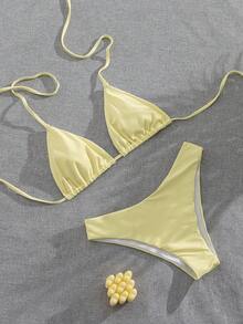 女士露背系带性感黄色比基尼泳衣套装，露背系带女士泳衣，休闲度假优雅女士沙滩泳装，采用高弹面料，双层透气面料，适合海滩度假、音乐节、情人节等场合，女士沙滩度假套装，女士泳衣，夏季度假套装，纯色比基尼度假 - 黃色 - 查看 3