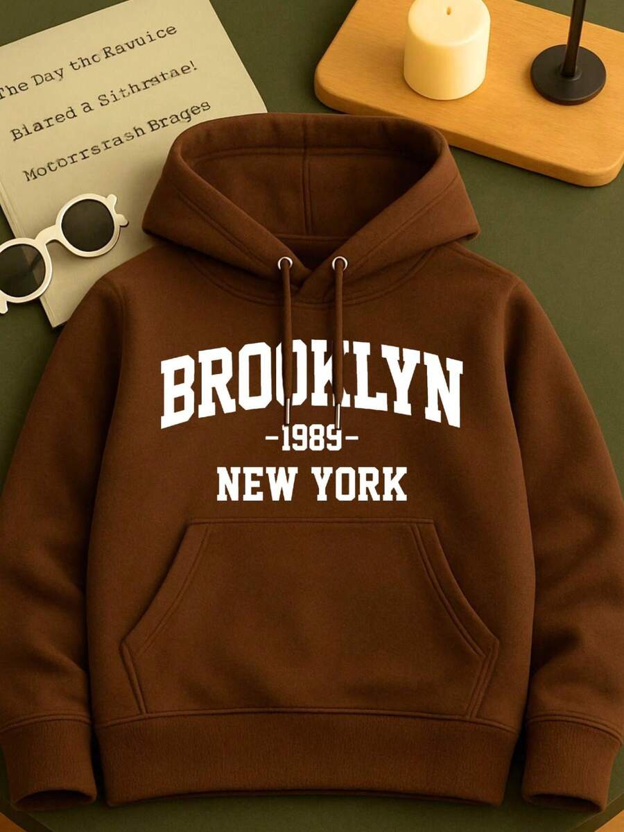 Brooklyn Printed Kangaroo Hoodie For Kids, Cotton, Comfortable, Various Colors And Sizes - 鏽棕色 - 查看 1