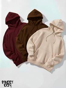 Set Of 3 Colorful Kangaroo Hoodies Streetwear Street Fashion Urban Culture Skaters Unisex 100% Cotton Premium Top Streetwear New Release Immediate Shipping Various Colors!! - 酒紅色,棕色和米色 - 查看 1