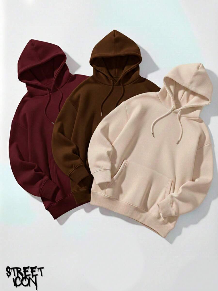 Set Of 3 Colorful Kangaroo Hoodies Streetwear Street Fashion Urban Culture Skaters Unisex 100% Cotton Premium Top Streetwear New Release Immediate Shipping Various Colors!! - 酒紅色,棕色和米色 - 查看 1