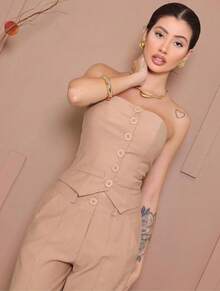 Women's Strapless Tailored Set With Wide-Leg Trousers And Elegant Vest With Buttons, Marrant Sensual Fabric - 米色 - 查看 4
