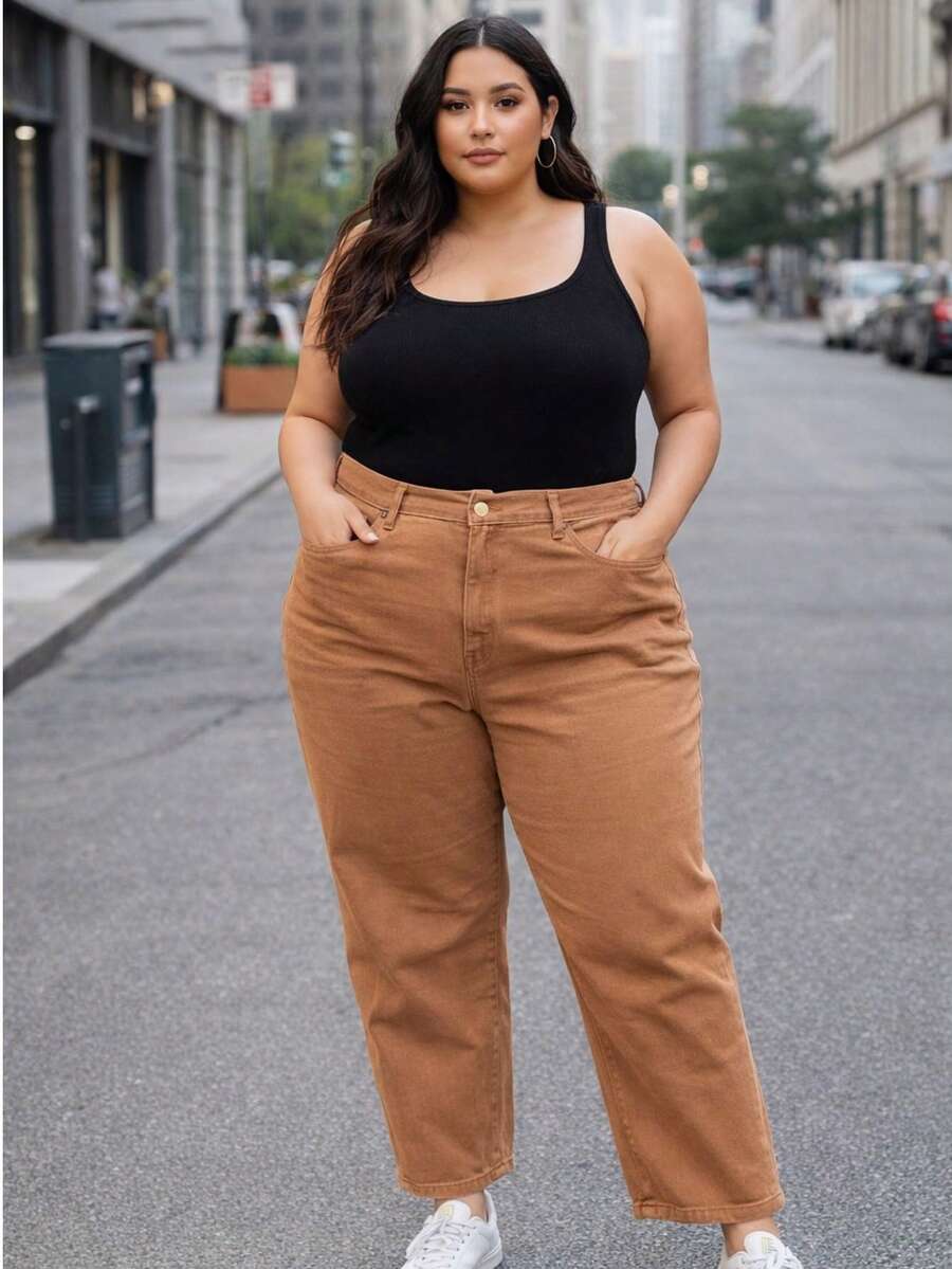 Comfortable Straight-Leg Mom Jeans In Plus Size. - Óxido marrón - Ver 1