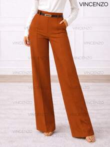 Women's Tailored Trousers, Wide Leg, High Waist, With Belt, Casual, Elegant - 紅陶 - 查看 1