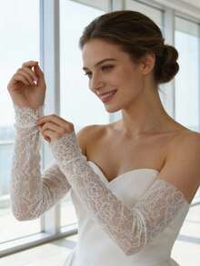 白色蕾丝新娘袖套一对，长款无弹力，优雅百搭，适合女士连衣裙、正式场合、派对等。 - 白色 - 查看 8