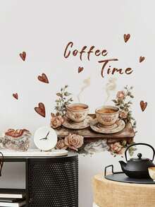 1件浪漫玫瑰花咖啡杯墙贴，可移除墙贴，适用于客厅、厨房、餐厅 - 1PC - 查看 5
