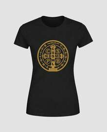Women's T-Shirt With Saint Benedict Medal, Religious Baby Look, Christian, Catholic Faith, The Holy Cross, Shield Of Divine Protection. - 黑色 - 查看 3