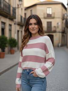 Blusa Feminina Tricô Tricot Listrada Manga Longa Gola Redonda Inverno Versátil - Nude - Visão 5