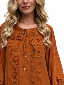 Women's Blouse / Cotton / With Ruffle Front / With Ruffle Details On Sleeves / Super Comfortable / Pleated Knot / Vacation Home - 鏽棕色 - 查看 2