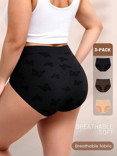 3pcs Plus Size Women's Printed Soft Breathable Mid-Waist Sexy Triangle Panties
